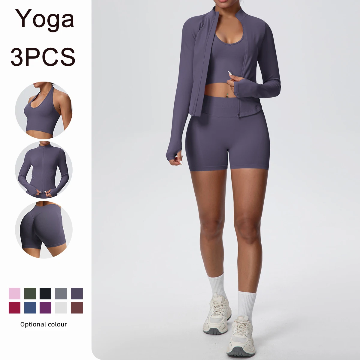 Комплект из трех предметов для йоги, женская спортивная одежда, сексуальный бюстгальтер с открытой спиной и лямкой на шее, однотонный комплект быстросохнущих шорт для йоги на молнии с длинными рукавами
Комплект из трех предметов для йоги, женская спортивная одежда, сексуальный бюстгальтер с открытой спиной и лямкой на шее, однотонный комплект быстросохнущих шорт для йоги на молнии с длинными рукавами