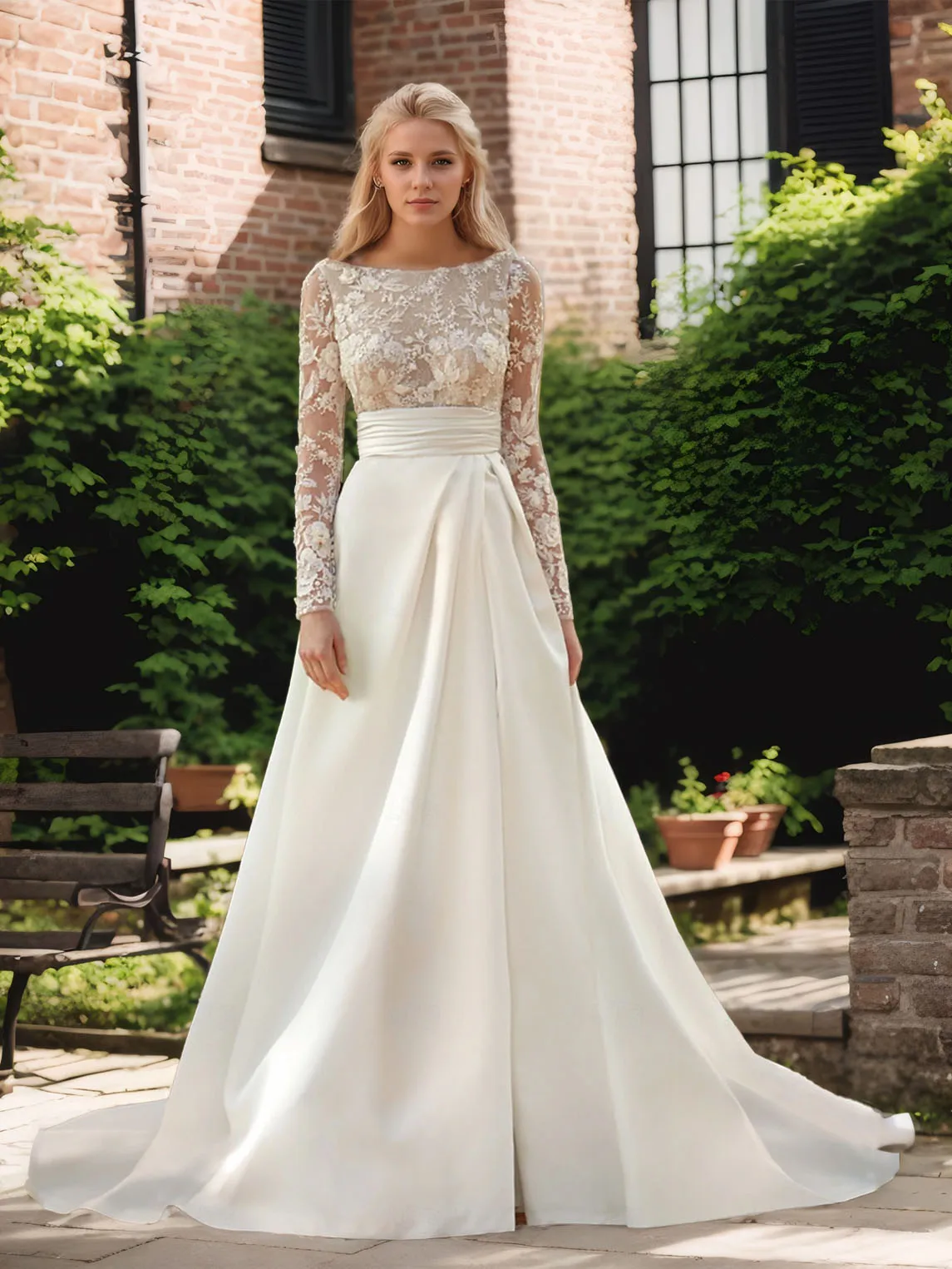 Simple Vintage A-Line Wedding Wear Illusion Neck Long Sleeve Satin Lace Court Train Solid Color Bridal Gown 2025 Free Customized
Simple Vintage A-Line Wedding Wear Illusion Neck Long Sleeve Satin Lace Court Train Solid Color Bridal Gown 2025 Free Customized