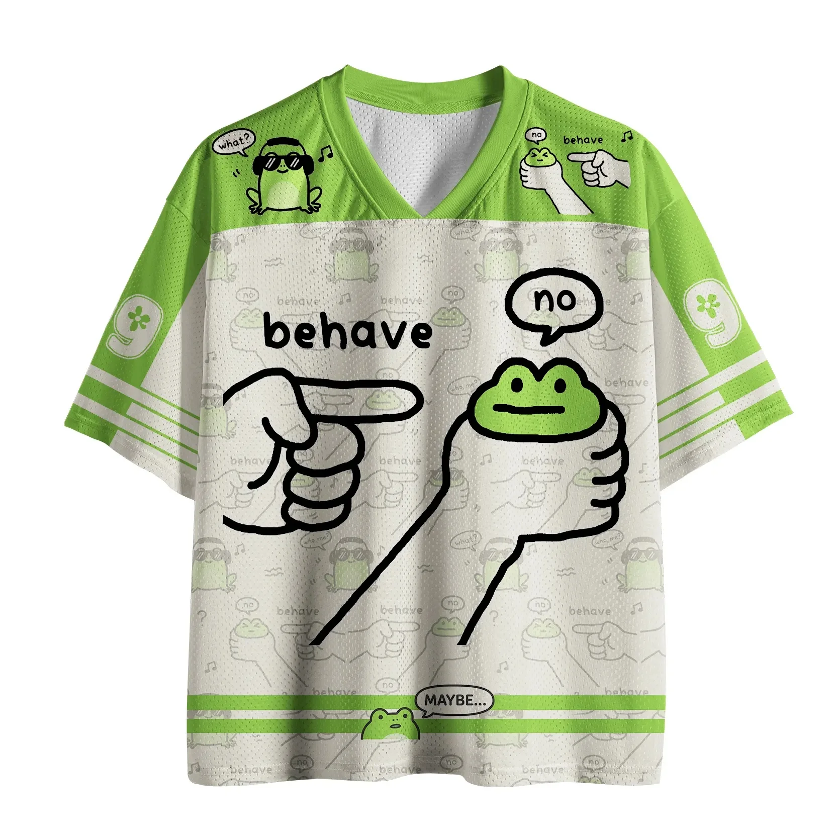 2026 New Summer Unisex "Behave No Maybe" Funny Frog Print Mesh Sports Jersey Breathable Oversized Streetwear Tee
2026 New Summer Unisex "Behave No Maybe" Funny Frog Print Mesh Sports Jersey Breathable Oversized Streetwear Tee