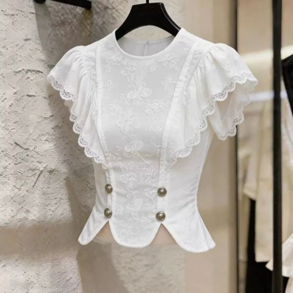 French light luxury niche non-collision white lace ruffle shirt women's 2026 summer new pinched waist top
French light luxury niche non-collision white lace ruffle shirt women's 2026 summer new pinched waist top