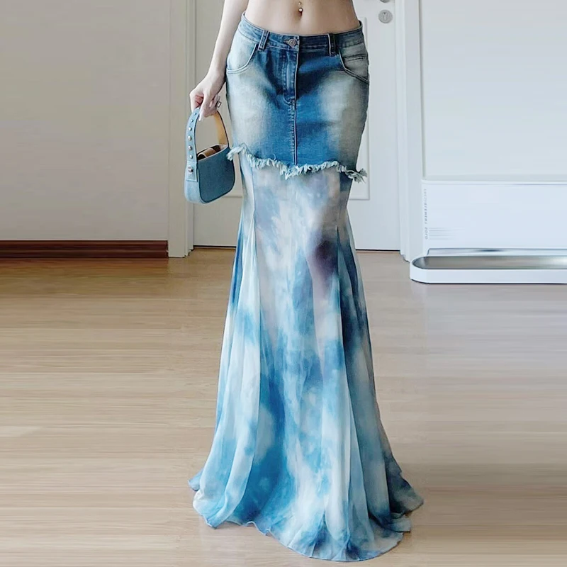 High waisted denim skirt for women, fake two-piece design, summer tie dye patchwork A-line skirt
High waisted denim skirt for women, fake two-piece design, summer tie dye patchwork A-line skirt