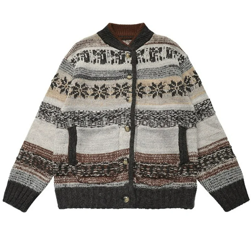 Women Retro Jacquard Knitting Cardigans Stripes Sweaters Jacket Loose Lazy Style Autumn Winter Single Breasted Gray Round Neck 
Women Retro Jacquard Knitting Cardigans Stripes Sweaters Jacket Loose Lazy Style Autumn Winter Single Breasted Gray Round Neck