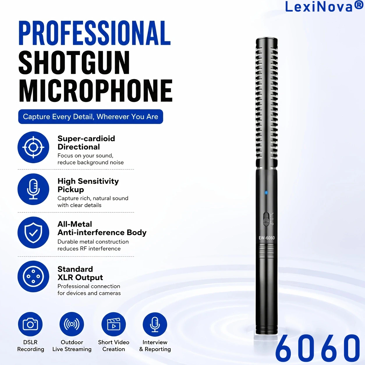 EW-6060 Professional Shotgun Microphone Super-Cardioid Condenser Mic For Voice DSLR Camera Filmmaking Interviews Vlog Recording
EW-6060 Professional Shotgun Microphone Super-Cardioid Condenser Mic For Voice DSLR Camera Filmmaking Interviews Vlog Recording