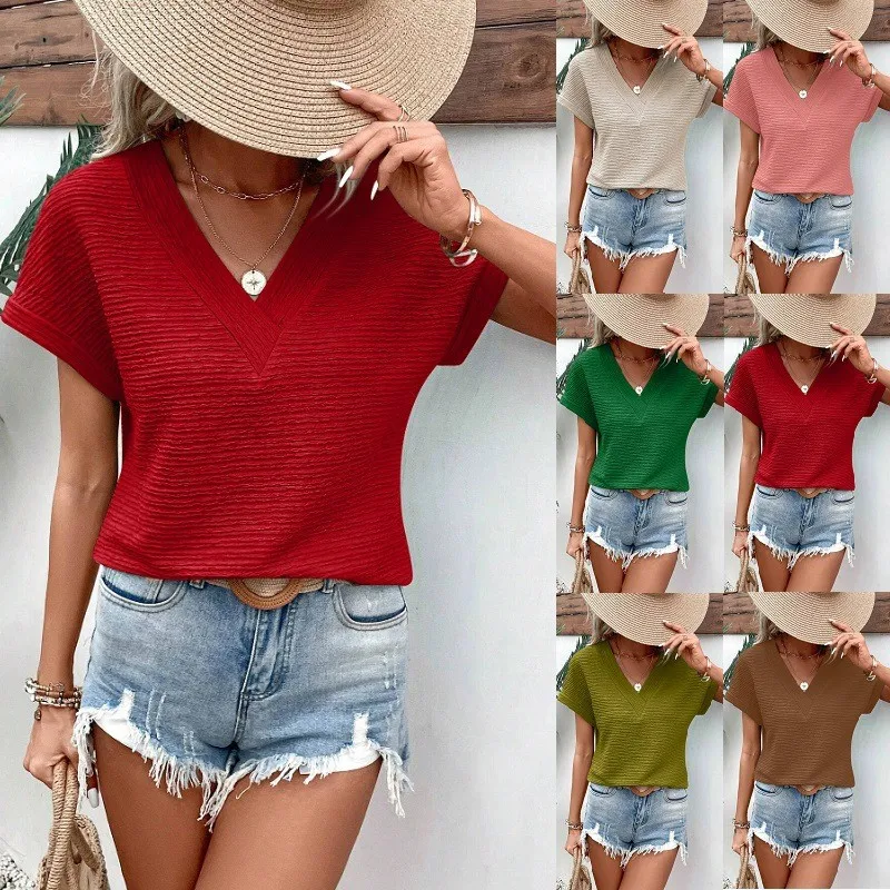 Women Short Sleeve T Shirt Loose Fit Cropped Olive Shirts V Neck Solid Color Ribbed Texture Tee Batwing Sleeve Pink
Women Short Sleeve T Shirt Loose Fit Cropped Olive Shirts V Neck Solid Color Ribbed Texture Tee Batwing Sleeve Pink