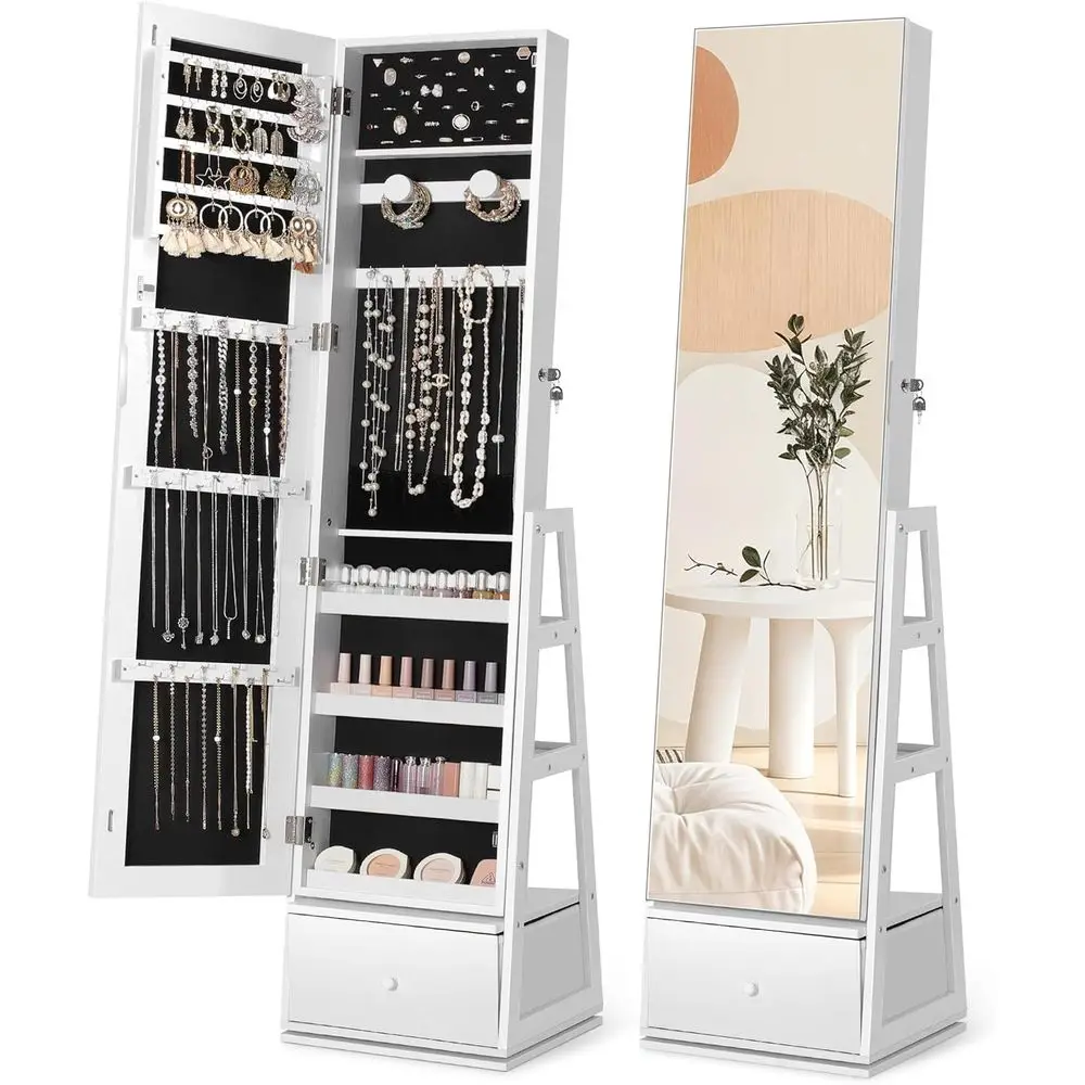 Rotating Full-Length Mirror Jewelry Cabinet with Storage, Lockable Armoire Organizer, 3 Shelves, Bottom Drawer, White
Rotating Full-Length Mirror Jewelry Cabinet with Storage, Lockable Armoire Organizer, 3 Shelves, Bottom Drawer, White