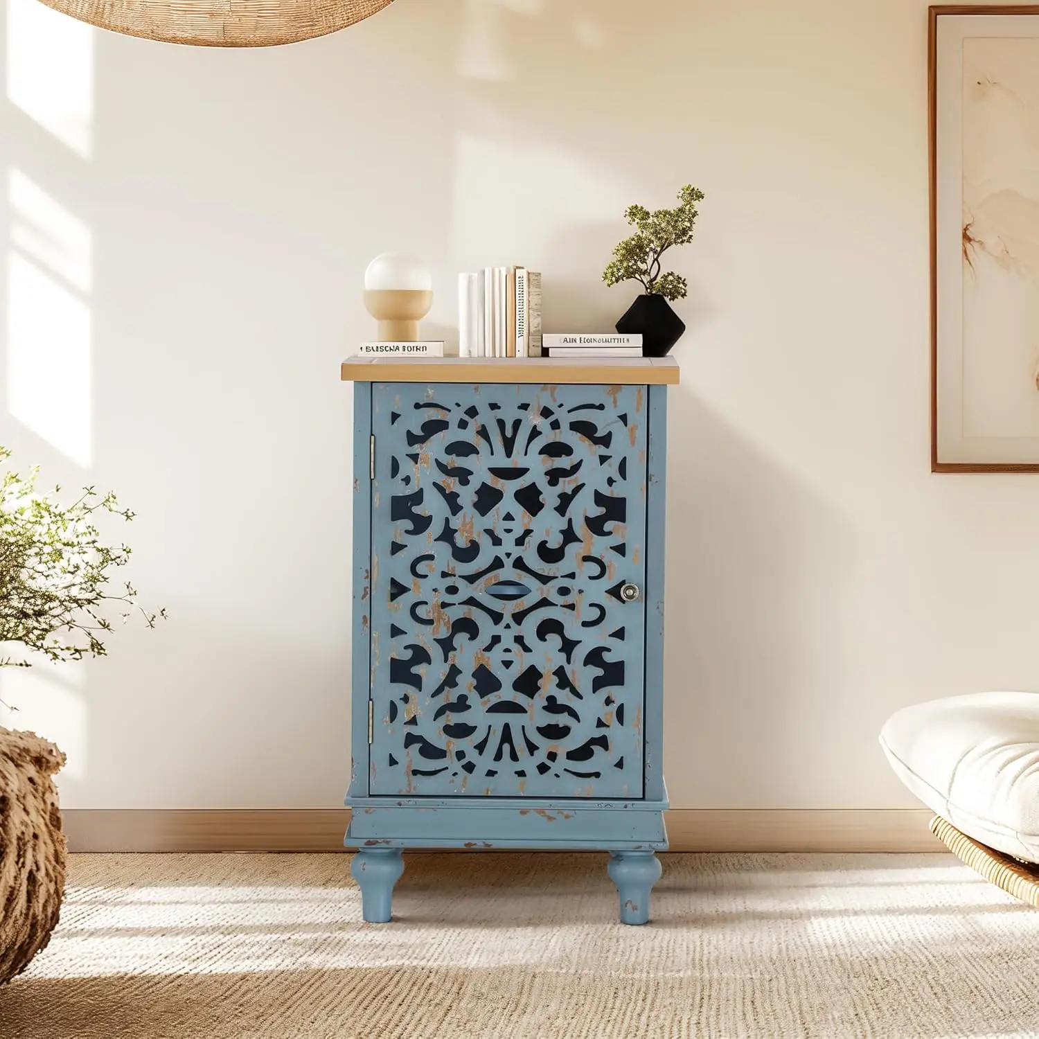 Blue Tall Side Accent Cabinet Single Door Nightstand Hollow Carved
Blue Tall Side Accent Cabinet Single Door Nightstand Hollow Carved