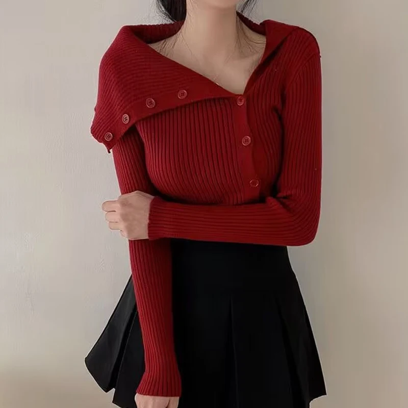 Casual Long Sleeve Tops Korean Fashion One Shoulder Knitted Sweater Autumn Elegant Irregular Collar Cardigan Women Sweater 28752
Casual Long Sleeve Tops Korean Fashion One Shoulder Knitted Sweater Autumn Elegant Irregular Collar Cardigan Women Sweater 28752