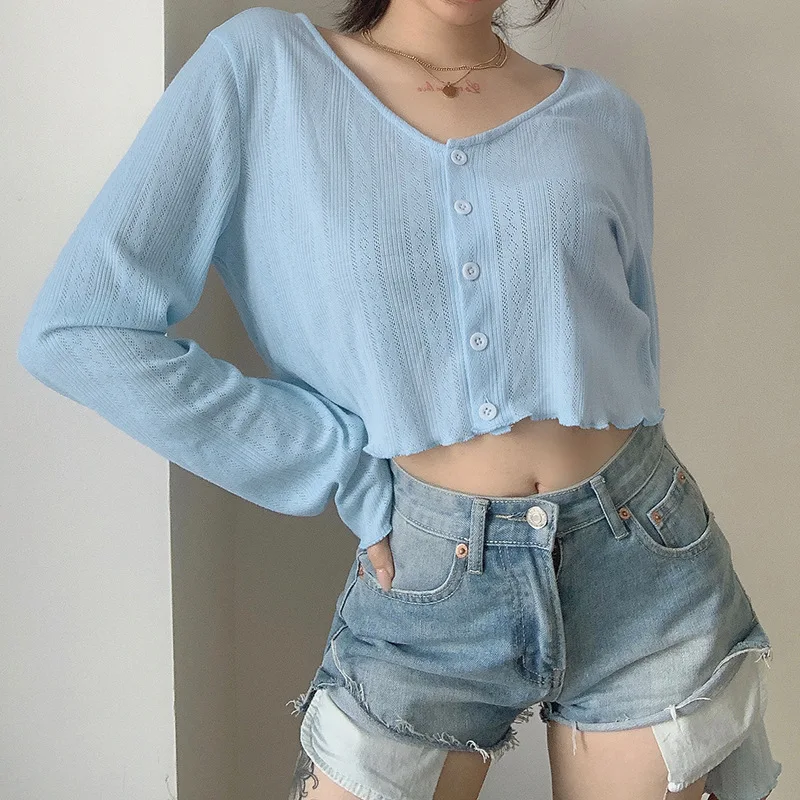 Women Korean New Loose All-match Blouse Female Solid Long Sleeve Women Fall Summer Sweet Blue V-neck Knitted Top Cardigan
Women Korean New Loose All-match Blouse Female Solid Long Sleeve Women Fall Summer Sweet Blue V-neck Knitted Top Cardigan