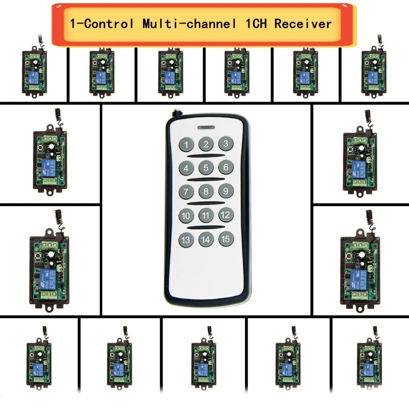 433MHz DC 9V, 12V, 24V Split 15 Groups 1CH Relay Module Receiver Garage Door Motor Light DIY RF Wireless Remote Control Switch 
433MHz DC 9V, 12V, 24V Split 15 Groups 1CH Relay Module Receiver Garage Door Motor Light DIY RF Wireless Remote Control Switch