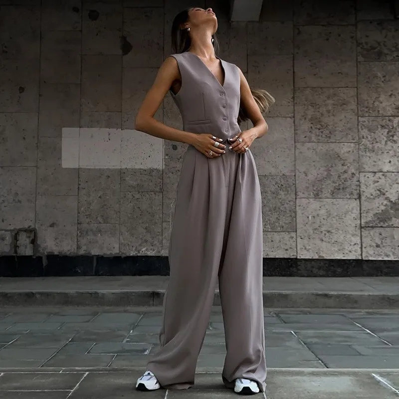 2 Piece Set Vest V Neck Sleeveless Top High Waist Wide Leg Pants - Grey Navy Blue Olive Green Camisole Taupe
2 Piece Set Vest V Neck Sleeveless Top High Waist Wide Leg Pants - Grey Navy Blue Olive Green Camisole Taupe