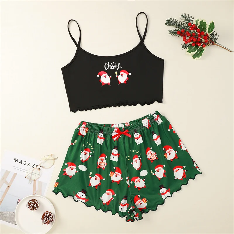 Women Christmas Printed 2 Piece Pajama Set Sexy Spaghetti Strap Lettuce Trim Crop Camisole Shorts Sleep Set Loungewear
Women Christmas Printed 2 Piece Pajama Set Sexy Spaghetti Strap Lettuce Trim Crop Camisole Shorts Sleep Set Loungewear