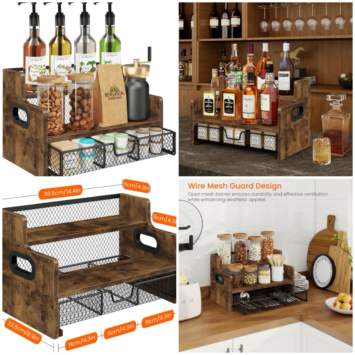 3-Tier Coffee Syrup Rack with 8 Bottles & K-Cup Drawer, Rustic Brown Wood Organizer
3-Tier Coffee Syrup Rack with 8 Bottles & K-Cup Drawer, Rustic Brown Wood Organizer