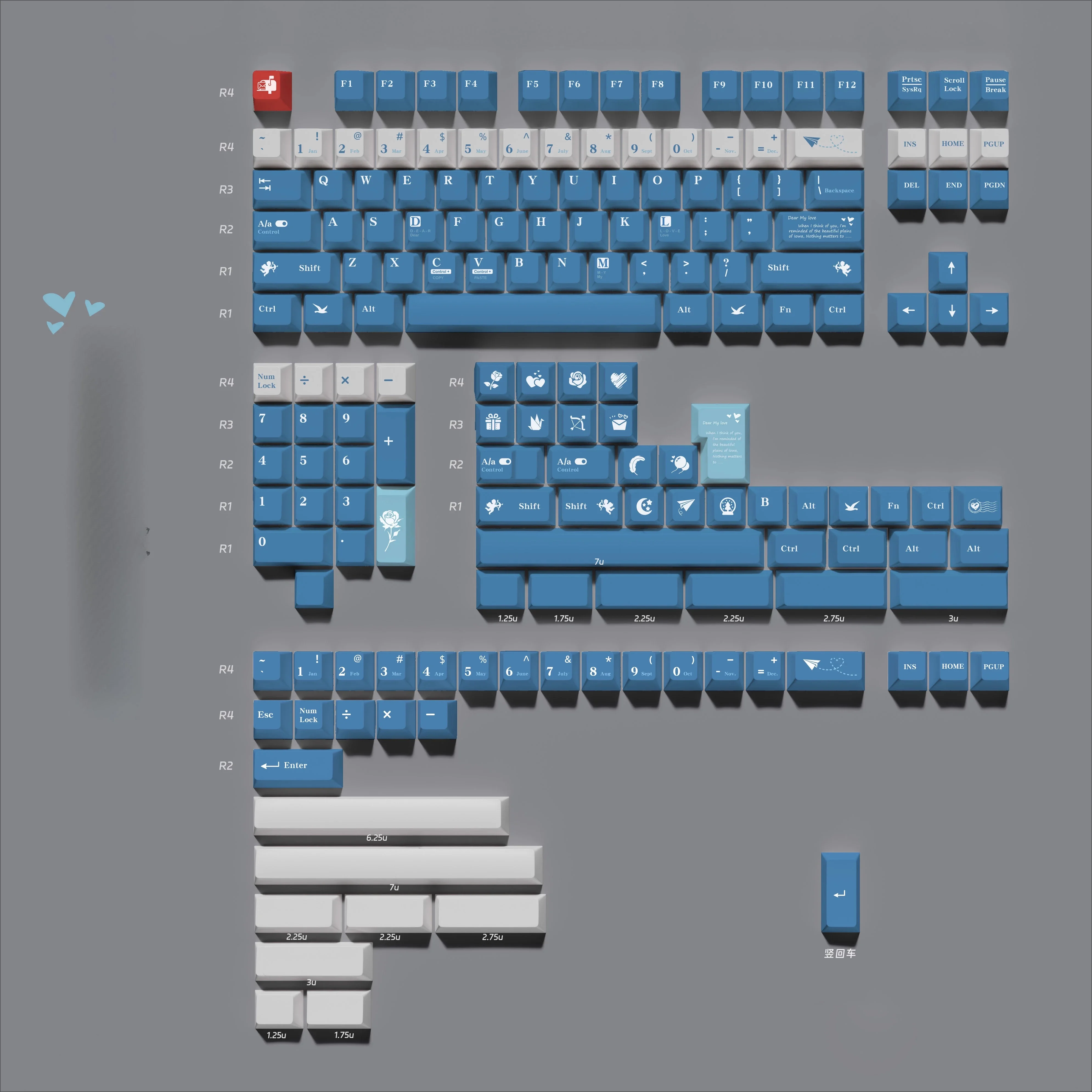 Sea mist love letter keycap blue, mechanical keyboard keycap cherry original height PBT five-sided sublimation
Sea mist love letter keycap blue, mechanical keyboard keycap cherry original height PBT five-sided sublimation