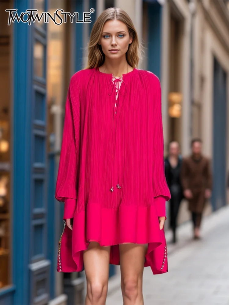 TWOTWINSTYLE Solid Patchwork Folds Mini Dress For Women O Neck Long Sleeve High Waist Spliced Lace Up Loose Dresses Female New
TWOTWINSTYLE Solid Patchwork Folds Mini Dress For Women O Neck Long Sleeve High Waist Spliced Lace Up Loose Dresses Female New