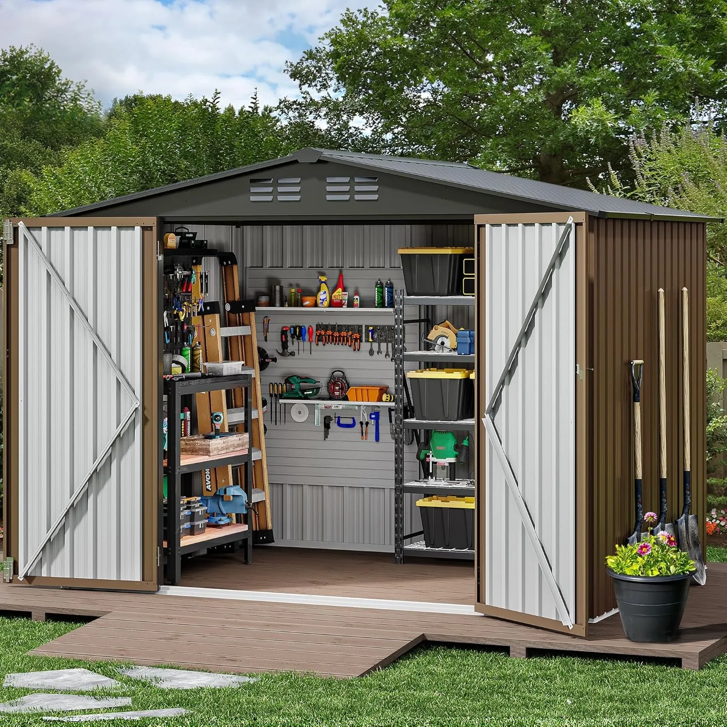 8x6 FT Outdoor Storage Shed, Large Metal Tool Sheds, Heavy Duty Storage House with Lockable Doors & Air Vent, Blown
8x6 FT Outdoor Storage Shed, Large Metal Tool Sheds, Heavy Duty Storage House with Lockable Doors & Air Vent, Blown