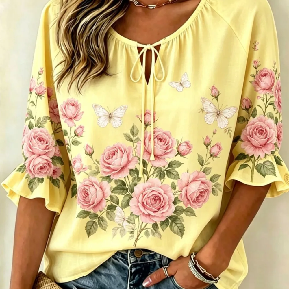 Women's Floral Butterfly Print Tie Neck Blouse, Ruffled Half Sleeve Loose Sweet Top, Casual Wear for Spring Summer
Women's Floral Butterfly Print Tie Neck Blouse, Ruffled Half Sleeve Loose Sweet Top, Casual Wear for Spring Summer