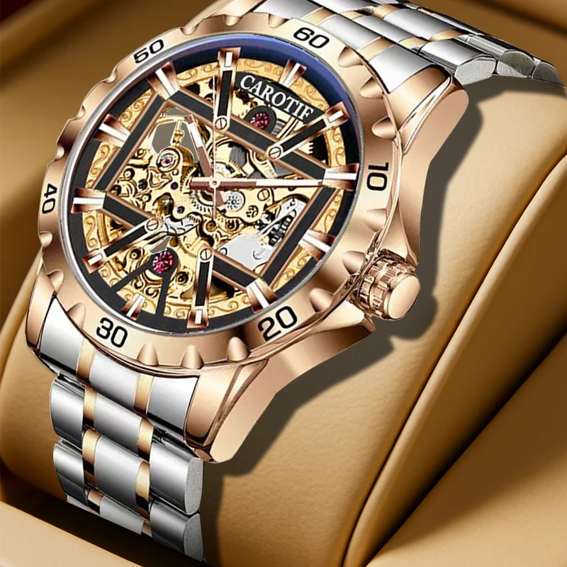 Мужские полностью автоматические механические часы с золотым стальным ремешком, деловой модный турбийон с гравировкой 
Мужские полностью автоматические механические часы с золотым стальным ремешком, деловой модный турбийон с гравировкой