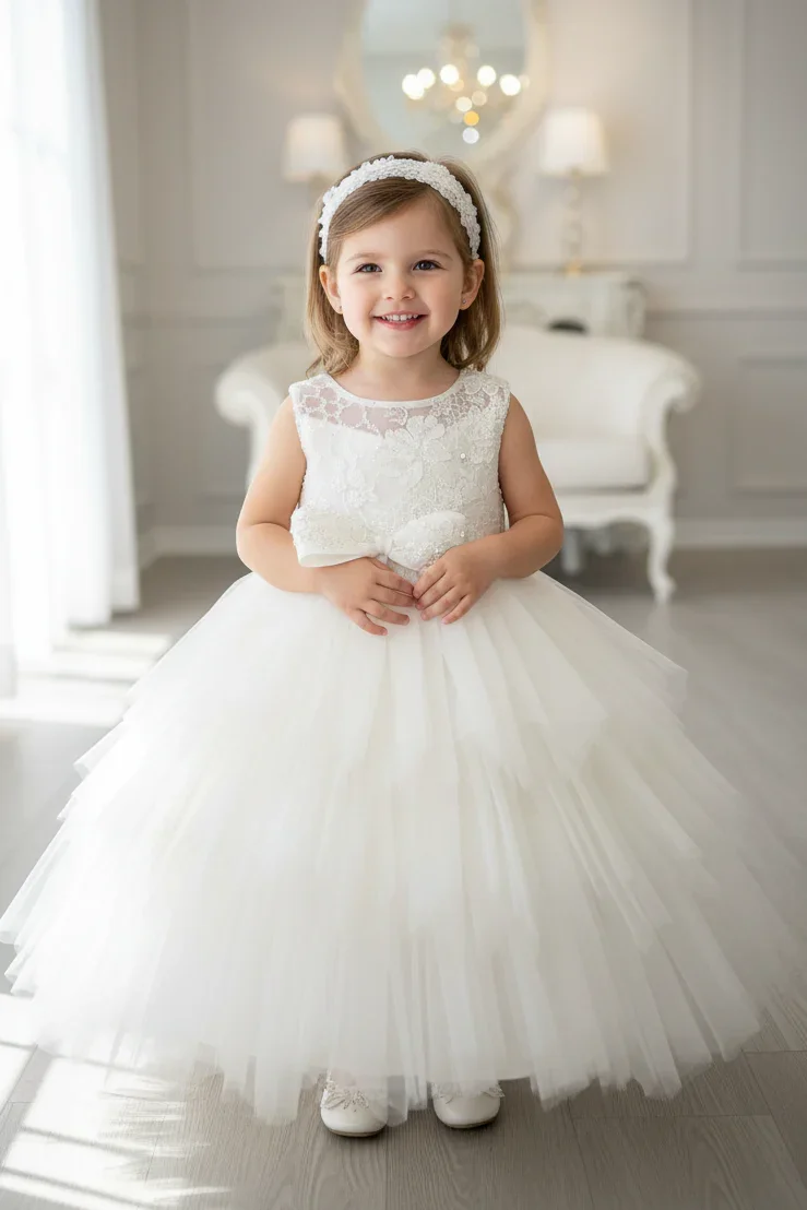 2025 Customizable sleeveless lace flower girl dress, bow layered tulle dress, children's first communion wedding banquet dress
2025 Customizable sleeveless lace flower girl dress, bow layered tulle dress, children's first communion wedding banquet dress
