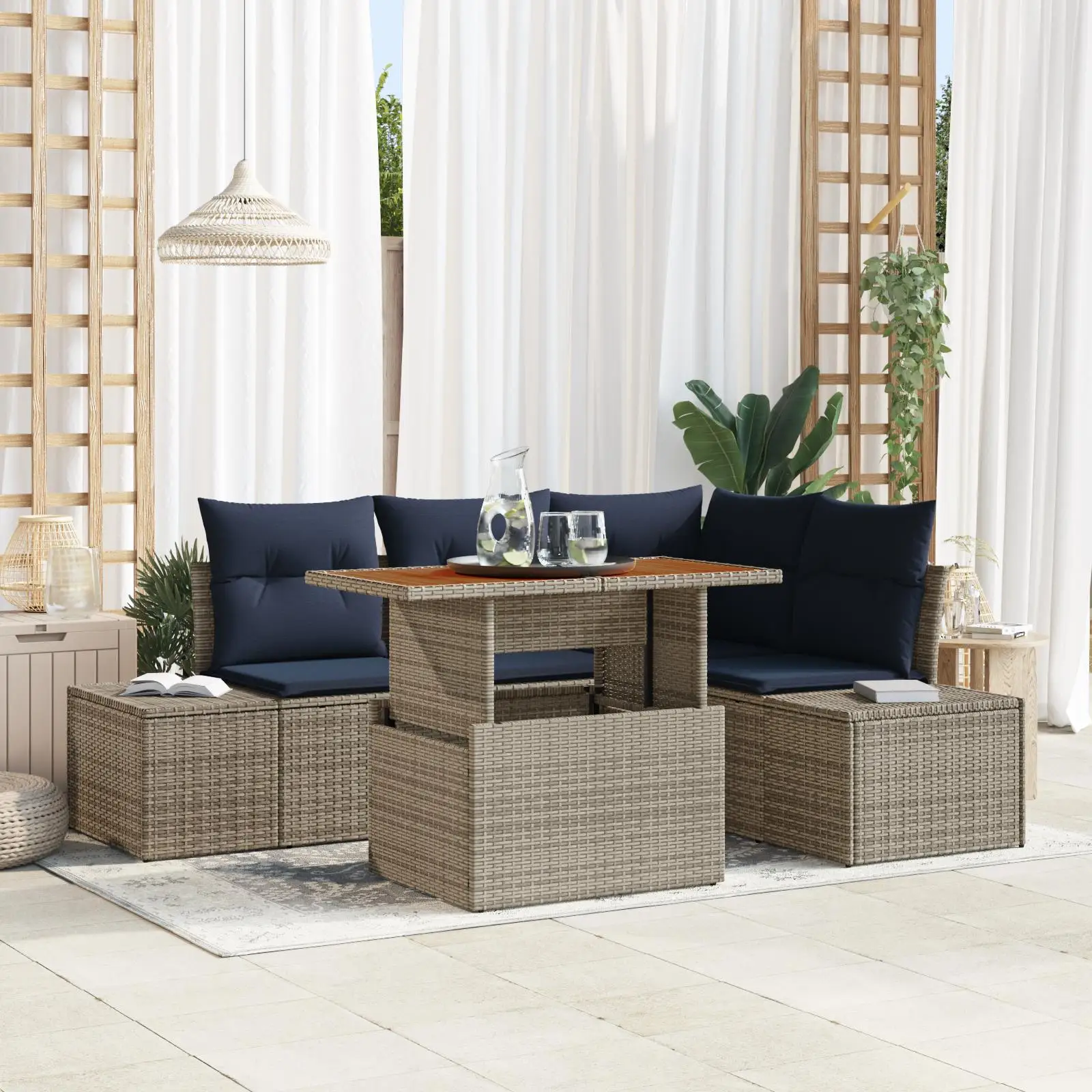 5 Piece Outdoor Garden Sofa Set with Cushions Grey Rattan and Acacia Wood Furniture
5 Piece Outdoor Garden Sofa Set with Cushions Grey Rattan and Acacia Wood Furniture