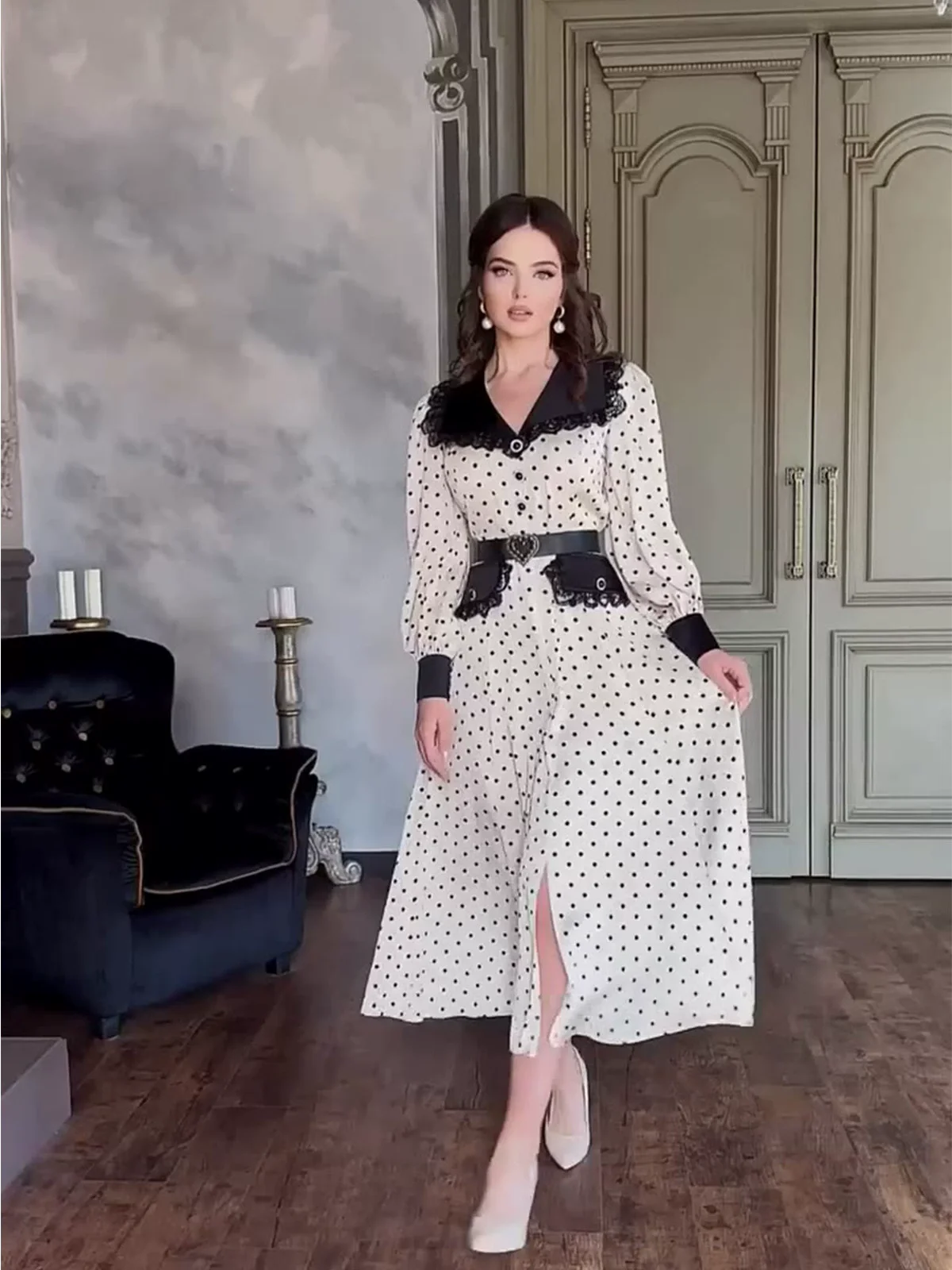 2025 Summer Woman New Slim Polka Dot Printed Dress Elegant Lapel Neck Long Sleeves Graceful Party Holidays Dresses
2025 Summer Woman New Slim Polka Dot Printed Dress Elegant Lapel Neck Long Sleeves Graceful Party Holidays Dresses