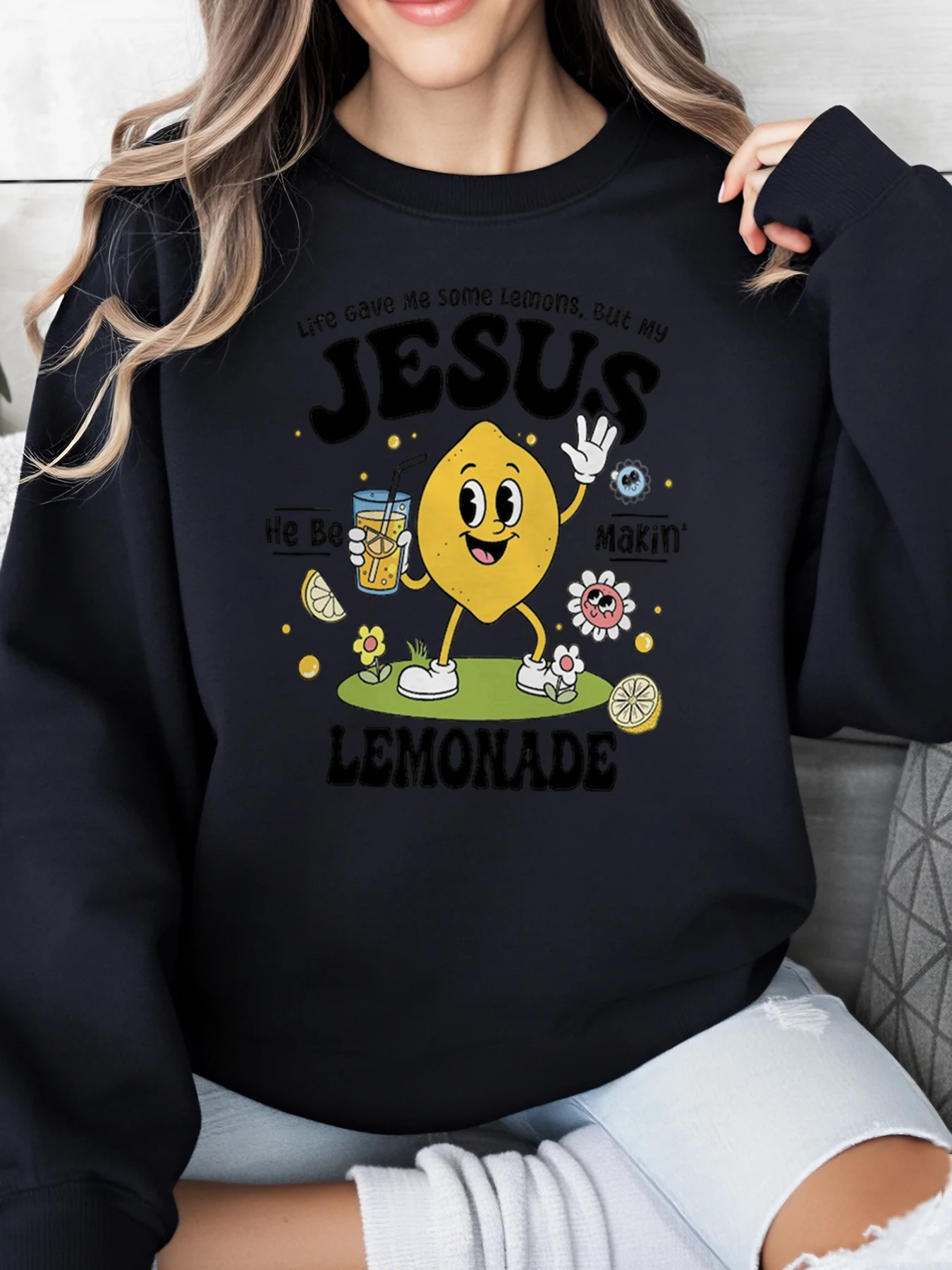 Рождественский свитшот с принтом «Иисус делает лимонаде», женская повседневная одежда, домашняя вечеринка, черный, большие размеры
Рождественский свитшот с принтом «Иисус делает лимонаде», женская повседневная одежда, домашняя вечеринка, черный, большие размеры