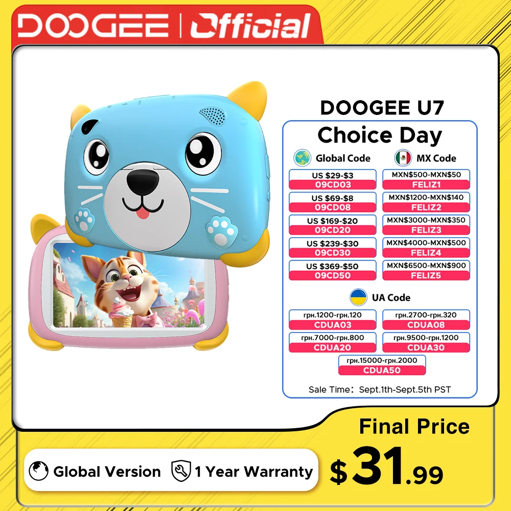 DOOGEE U7 Kids Tablet 7 Inch IPS TÜV Certified Display 4GB(2+2) 32GB Ouad Core 1.3GHz 3400mAh Children Tablet PC for Kids
DOOGEE U7 Kids Tablet 7 Inch IPS TÜV Certified Display 4GB(2+2) 32GB Ouad Core 1.3GHz 3400mAh Children Tablet PC for Kids