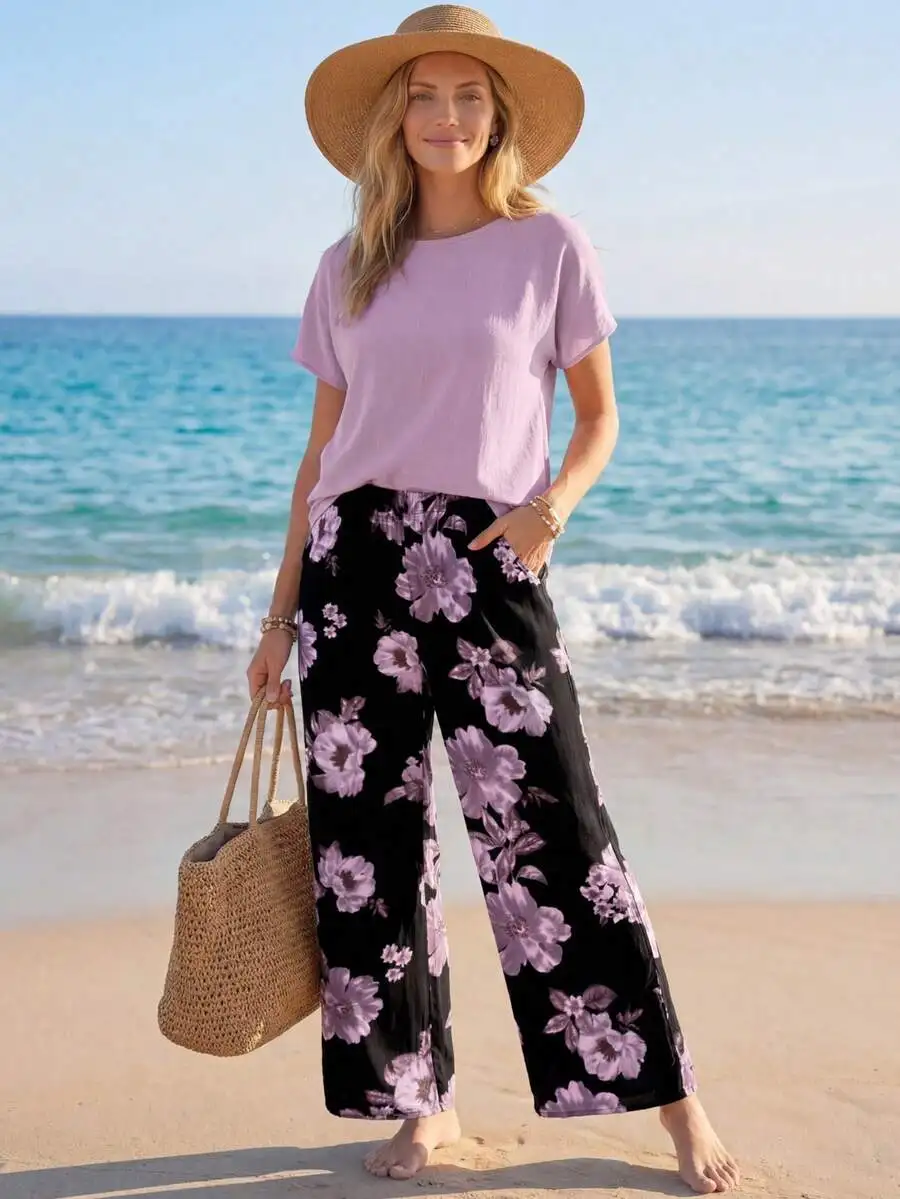 2-Piece Women's Casual Set: Lilac Round-Neck Top & Black Floral Wide-Leg Pants
2-Piece Women's Casual Set: Lilac Round-Neck Top & Black Floral Wide-Leg Pants