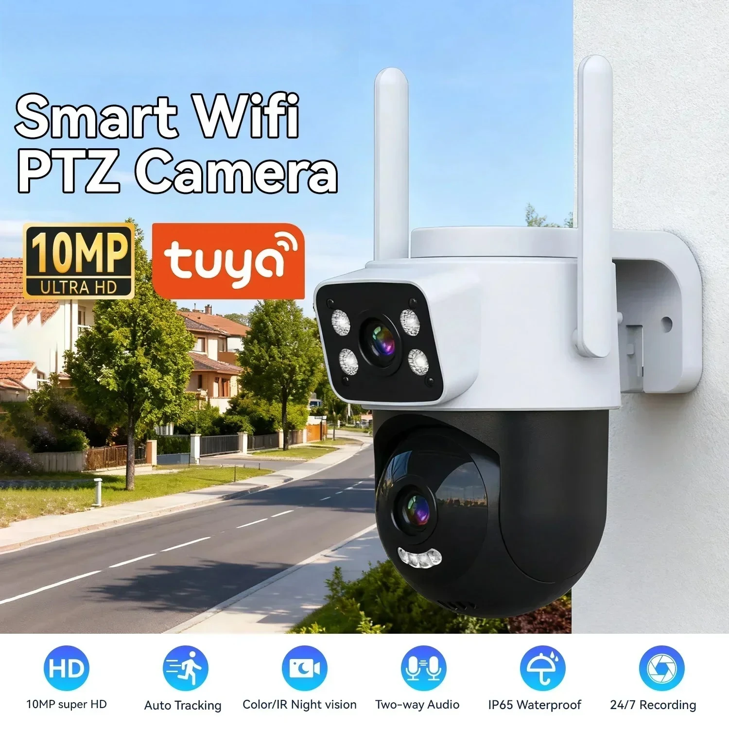 10MP Dual Lens PTZ WiFi Auto Tracking Color Night Vision Two Way Audio Surveillance Cam Tuya APP Outdoor Security Camera
10MP Dual Lens PTZ WiFi Auto Tracking Color Night Vision Two Way Audio Surveillance Cam Tuya APP Outdoor Security Camera