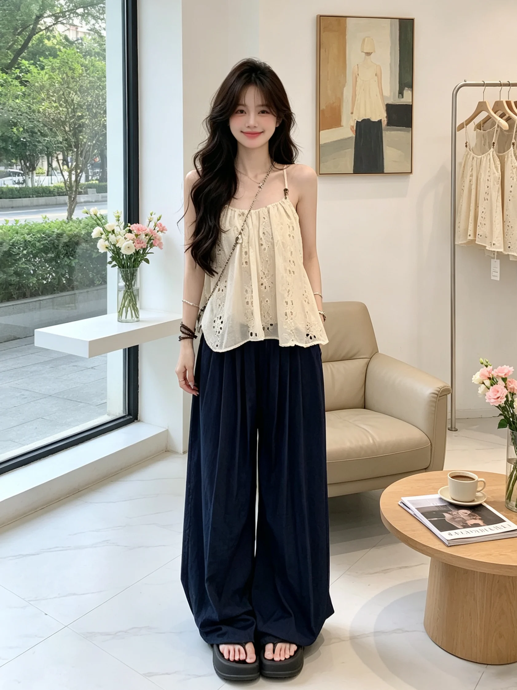 Elegant Vacation Style Women's Summer Hollow out Strap Vest Loose Wide Leg Long Pants Two Piece Set Fashionable Casual Outfit
Elegant Vacation Style Women's Summer Hollow out Strap Vest Loose Wide Leg Long Pants Two Piece Set Fashionable Casual Outfit