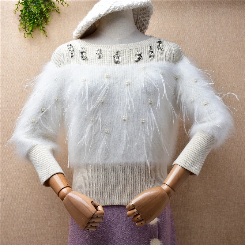 Female Women Fall Winter Clothing White Beaded Hairy Mink Cashmere Knitted Three Quarter Sleeves Slim Blouses Pullover Sweater
Female Women Fall Winter Clothing White Beaded Hairy Mink Cashmere Knitted Three Quarter Sleeves Slim Blouses Pullover Sweater