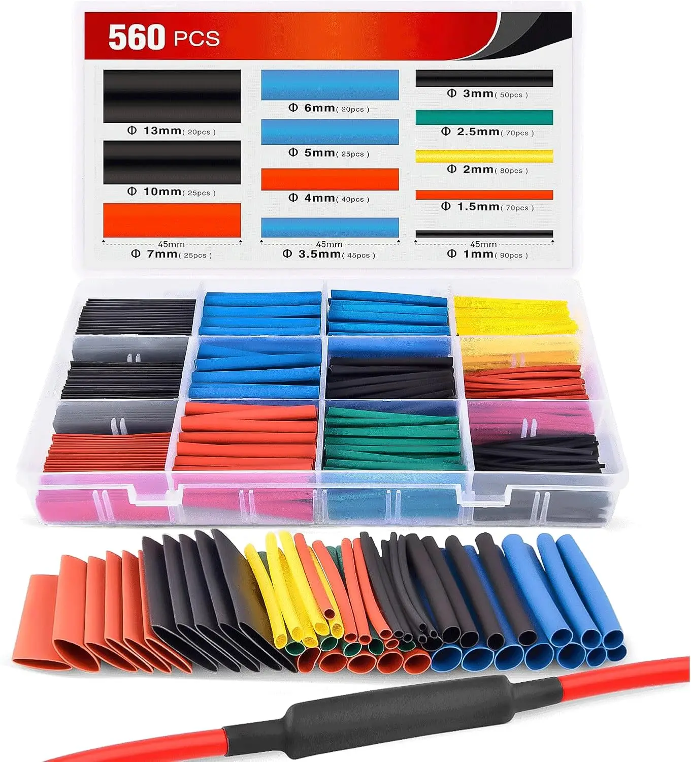 560pcs Heat Shrink Tubing Kit 2:1 Ratio 45mm Length 5 Colors 12 Sizes with Storage Box, Flame Retardant
560pcs Heat Shrink Tubing Kit 2:1 Ratio 45mm Length 5 Colors 12 Sizes with Storage Box, Flame Retardant