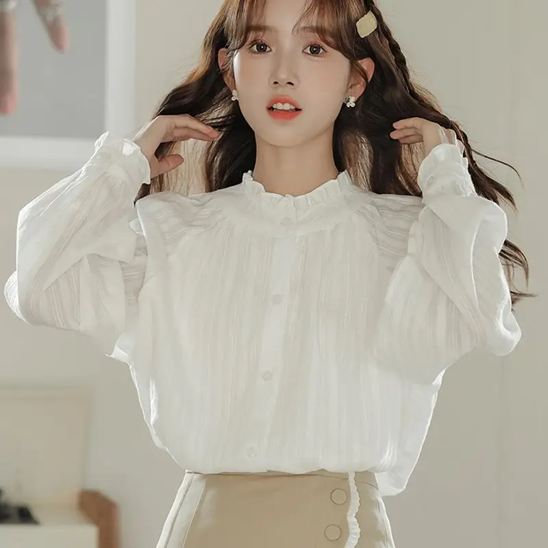 Women's Stand Collar Design White Shirt Spring Autumn Casual Retro Top Female Single Breasted Long Sleeved Thin T-shirt
Women's Stand Collar Design White Shirt Spring Autumn Casual Retro Top Female Single Breasted Long Sleeved Thin T-shirt