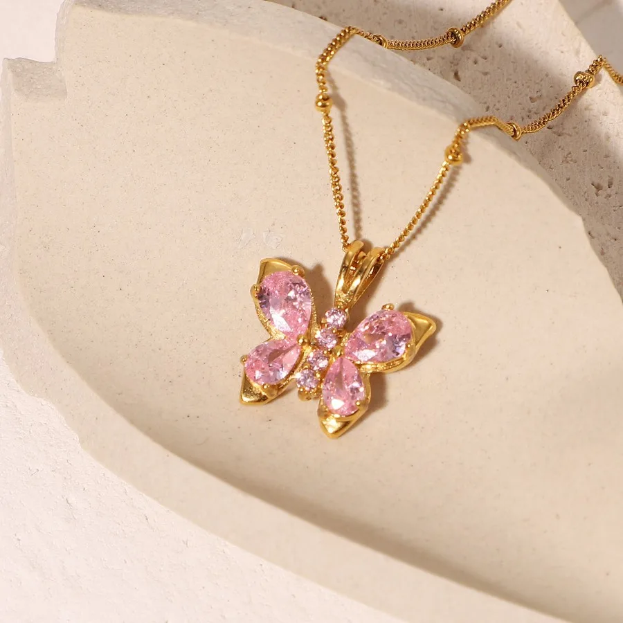Titanium Steel Necklace Women 18k Gold Plated Stainless Steel Pink Zircon Butterfly Shape Pendant Necklace
Titanium Steel Necklace Women 18k Gold Plated Stainless Steel Pink Zircon Butterfly Shape Pendant Necklace