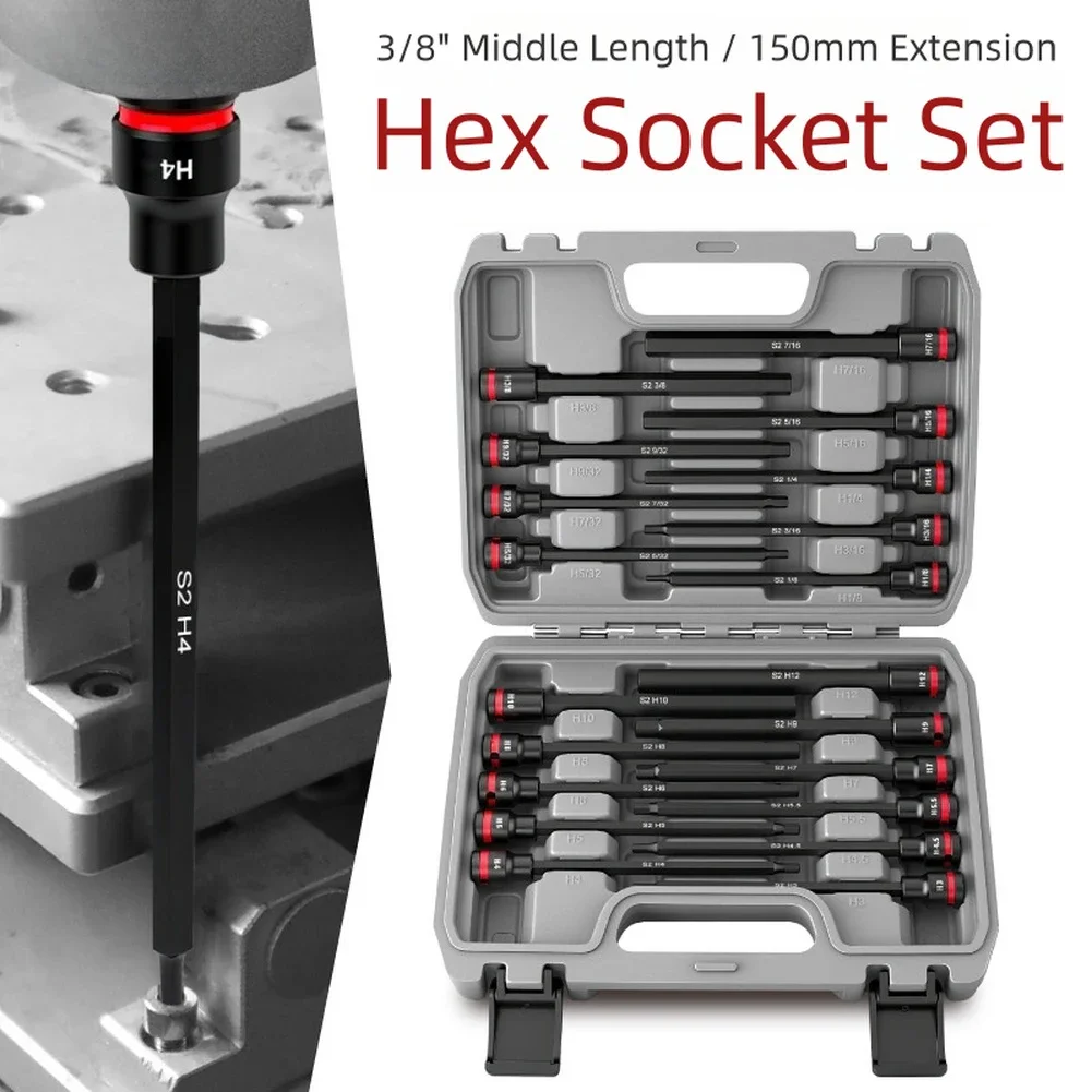 Extended Length Socket Bit Kit with 38 Drive 150mm Hex Bits Metric and Inch Sizes for Use with Ratchets and Torque Tools
Extended Length Socket Bit Kit with 38 Drive 150mm Hex Bits Metric and Inch Sizes for Use with Ratchets and Torque Tools