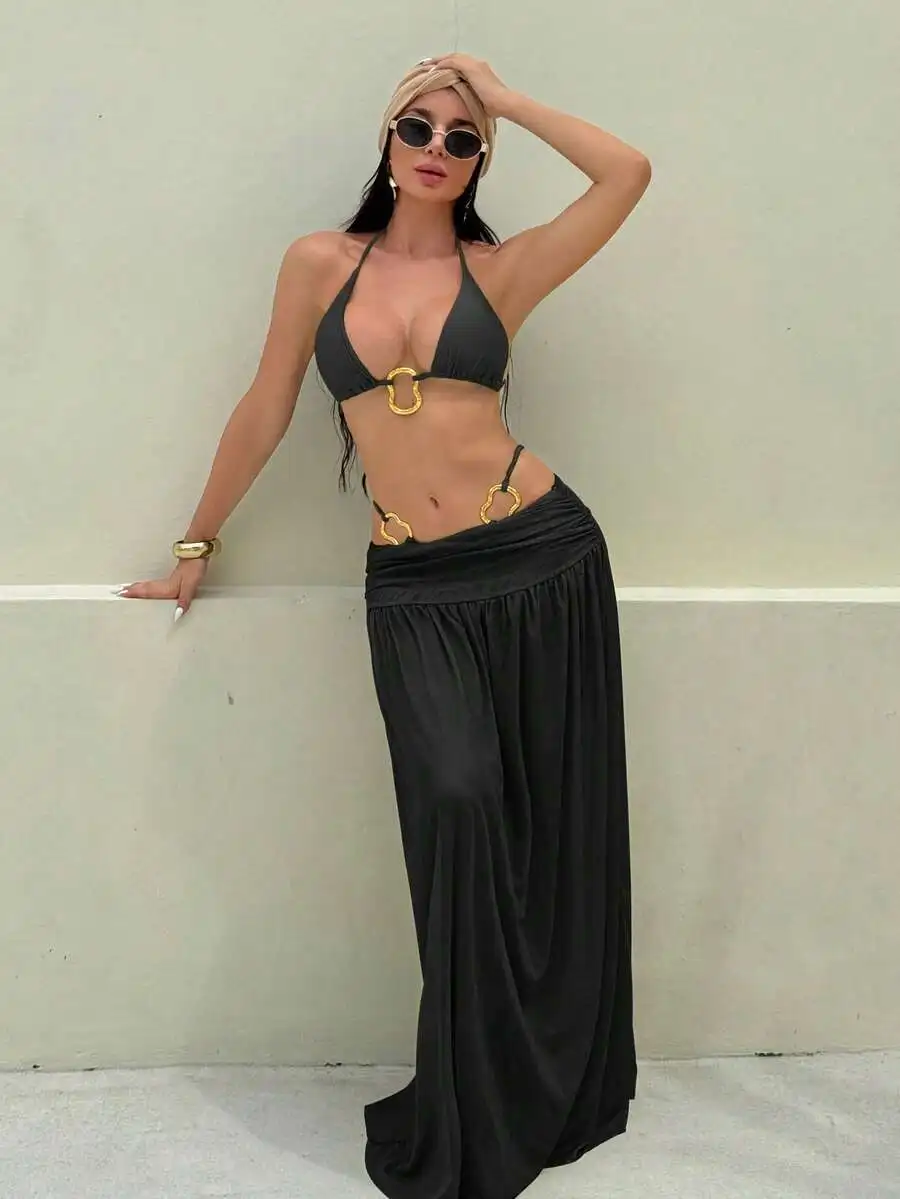 Women 3 Piece Solid Color Halter Bikini Set With Metal Ring Decor And Long Beach Cover Up Dress
Women 3 Piece Solid Color Halter Bikini Set With Metal Ring Decor And Long Beach Cover Up Dress