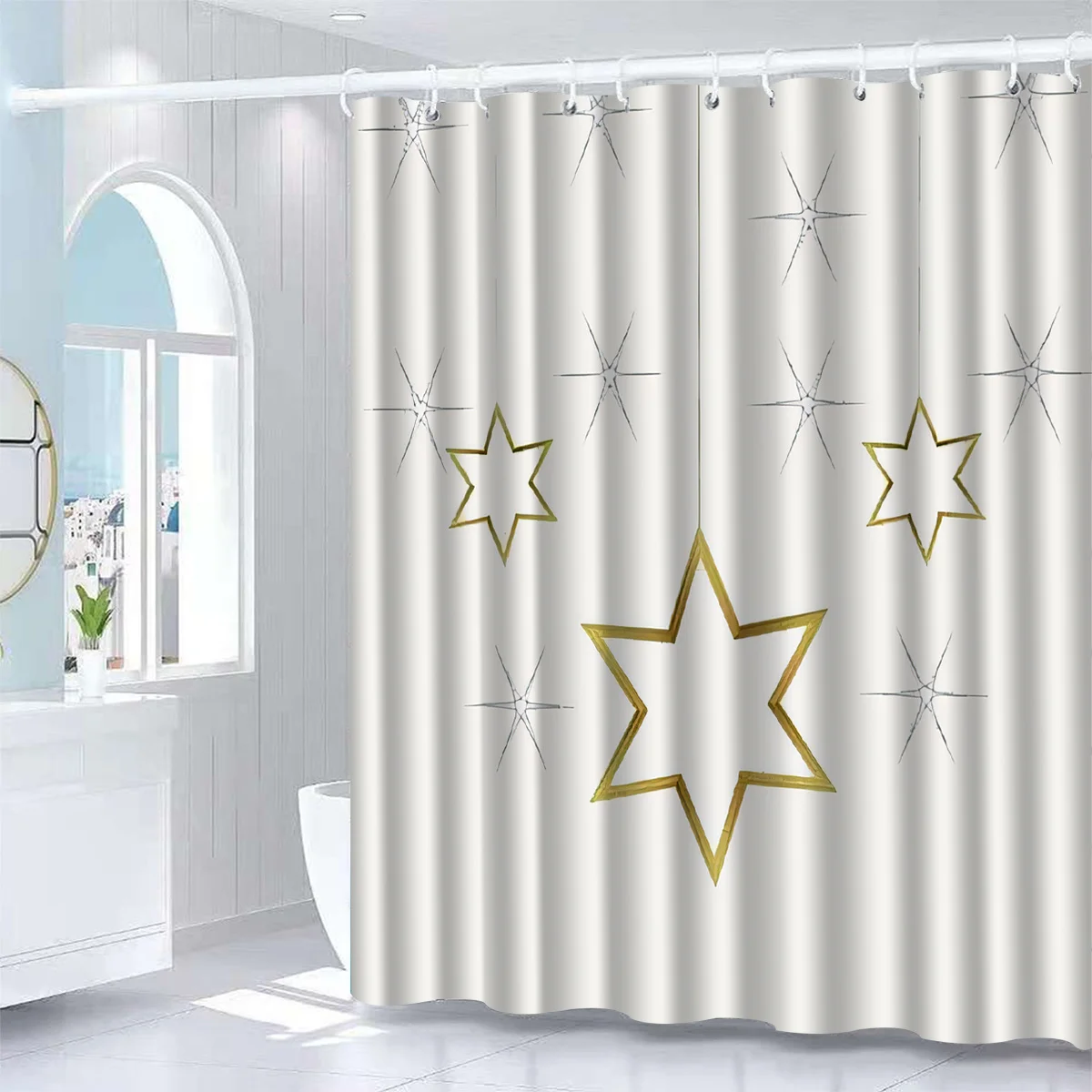 Star Shower Curtain - Anti-Fog with Golden Stars on White, Premium Polyester, Includes Hooks for Modern Bathroom Decor
Star Shower Curtain - Anti-Fog with Golden Stars on White, Premium Polyester, Includes Hooks for Modern Bathroom Decor