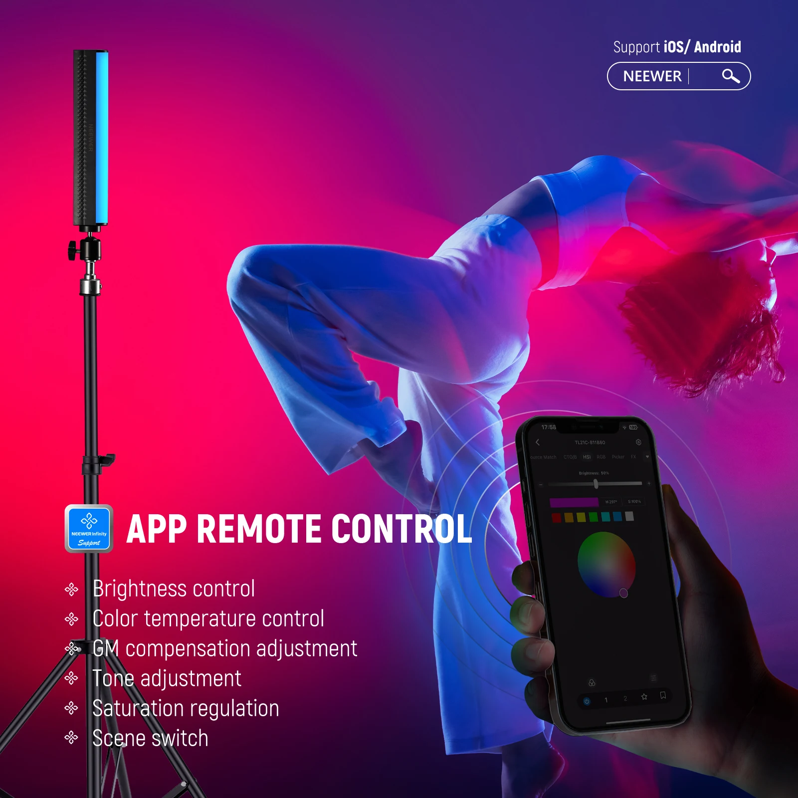 NEEWER RGB Light Wand Магнитная ручная световая палочка для фотосъемки и видео 2500K-8500K Полноцветная светодиодная трубка с управлением через приложение
NEEWER RGB Light Wand Магнитная ручная световая палочка для фотосъемки и видео 2500K-8500K Полноцветная светодиодная трубка с управлением через приложение