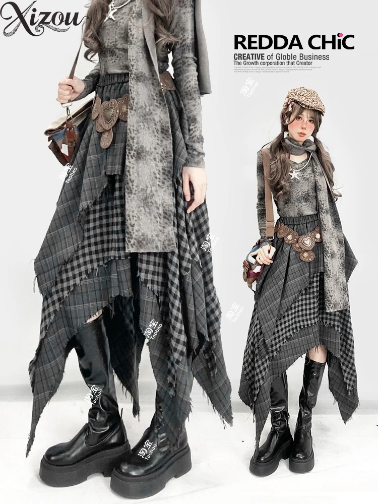 Melard Vintage Style Irregular Skirt Plaid Patchwork Pleated Spring Autumn Women's A-Line High Waist Mid-Length Long Skirts 
Melard Vintage Style Irregular Skirt Plaid Patchwork Pleated Spring Autumn Women's A-Line High Waist Mid-Length Long Skirts