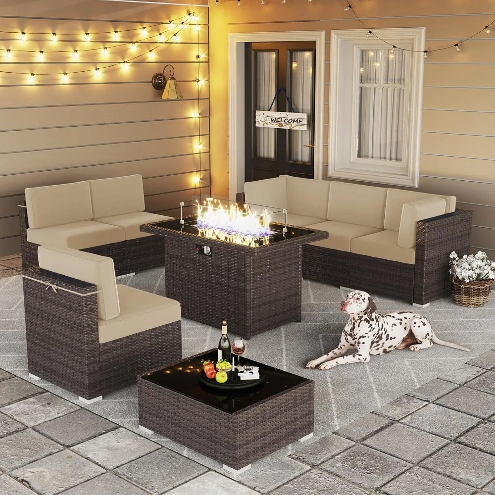 8-piece Outdoor Patio Set with 44" Fire Pit Table, Brown Rattan Sectional Sofa, and Living Room Set
8-piece Outdoor Patio Set with 44" Fire Pit Table, Brown Rattan Sectional Sofa, and Living Room Set