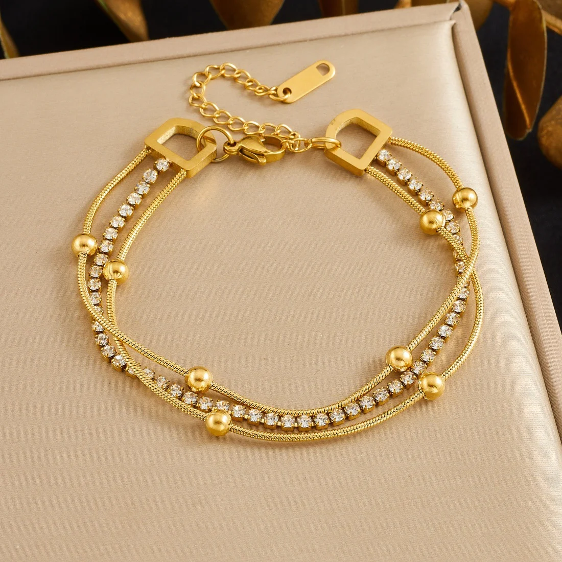 18K Gold Plated Layered CZ Bracelet, Double Snake Chain with Square Clasp, Elegant Stackable Stainless Steel Jewelry
18K Gold Plated Layered CZ Bracelet, Double Snake Chain with Square Clasp, Elegant Stackable Stainless Steel Jewelry