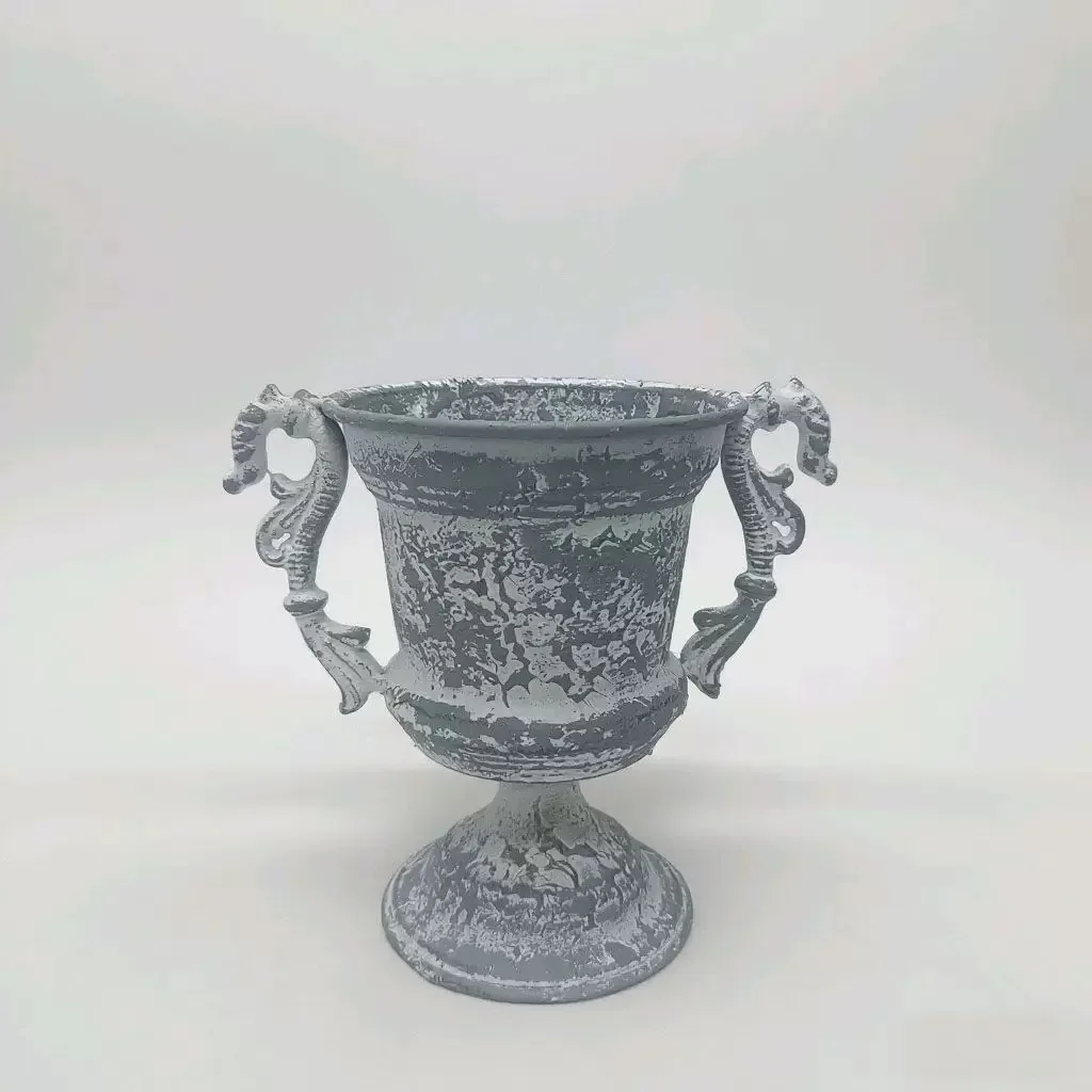 French Style Distressed Gray Cast Iron Urn Planter with Seahorse Handles, Decorative Trophy Vase for Succulents, 18cm Height
French Style Distressed Gray Cast Iron Urn Planter with Seahorse Handles, Decorative Trophy Vase for Succulents, 18cm Height