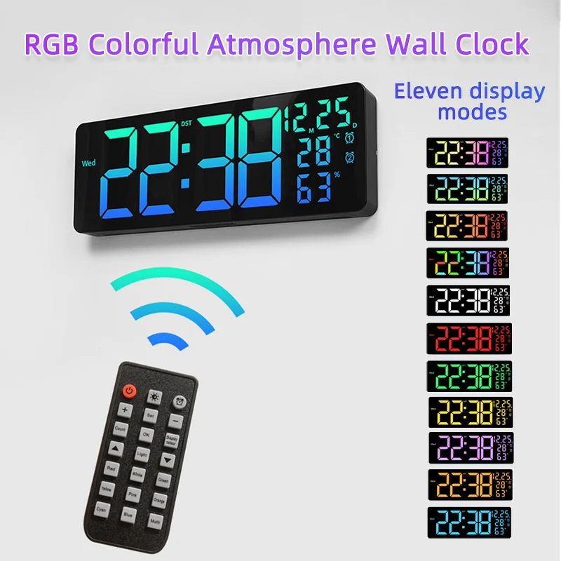 Large Digital Wall Clock with Remote Control Temp Humidity Display Dual Alarms/RGB Color Changing/Timing Function LED Clock
Large Digital Wall Clock with Remote Control Temp Humidity Display Dual Alarms/RGB Color Changing/Timing Function LED Clock