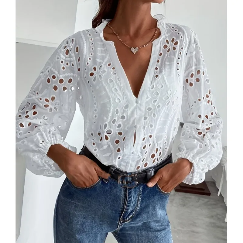 2025 New Women's White Shirt Tops Button Up Spring Summer Chic Hollow Out V Neck Long Sleeve Casual Shirts Womens Clothing
2025 New Women's White Shirt Tops Button Up Spring Summer Chic Hollow Out V Neck Long Sleeve Casual Shirts Womens Clothing