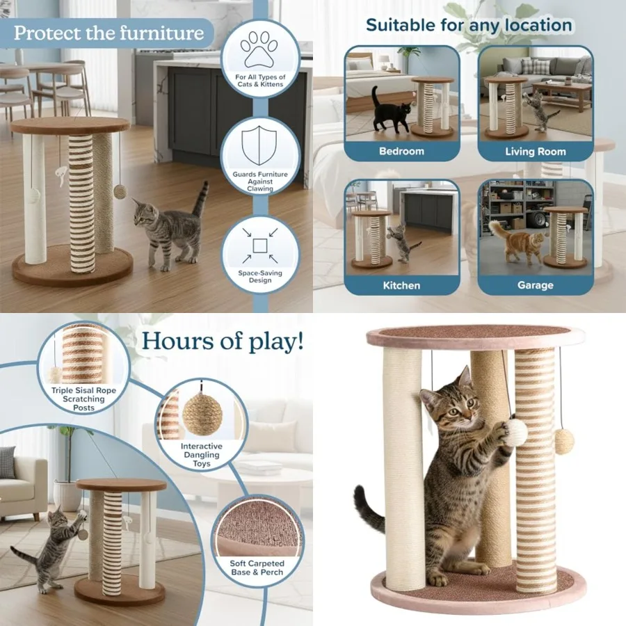 Cat Scratching Post - 3 Scratcher Posts with Carpeted Base Play Area and Perch - Furniture Scratching Deterrent for Indoor Cats
Cat Scratching Post - 3 Scratcher Posts with Carpeted Base Play Area and Perch - Furniture Scratching Deterrent for Indoor Cats