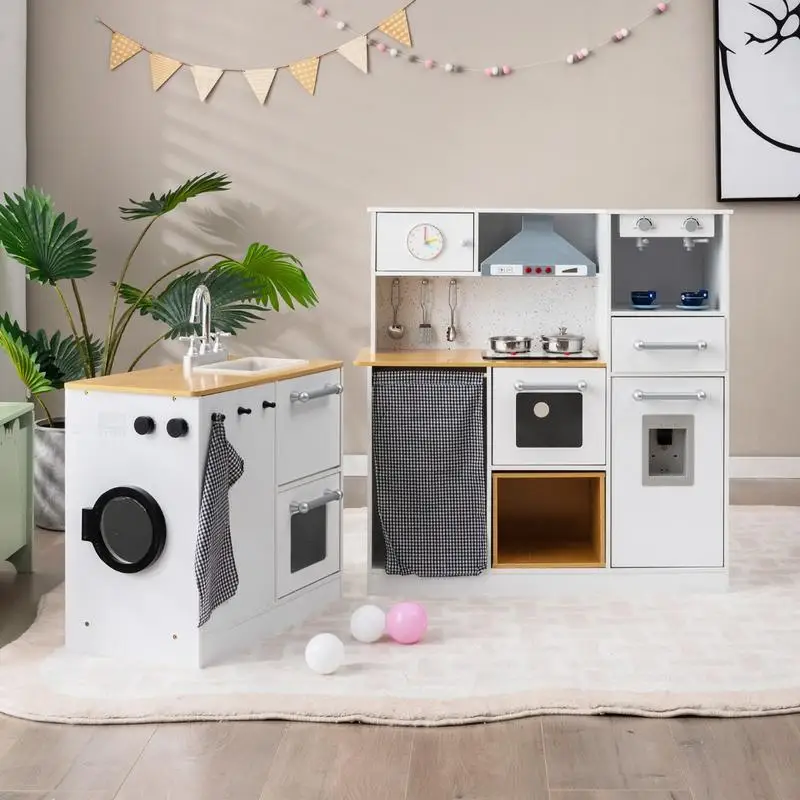 2-Pieces Wooden Kids Kitchen Playset with Light and Sound
2-Pieces Wooden Kids Kitchen Playset with Light and Sound