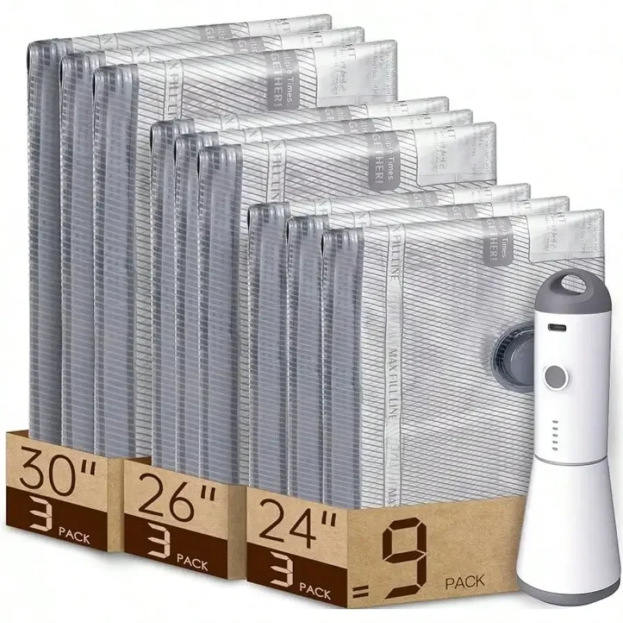 6/9/12 Packs Rechargeable Pump Vacuum Bags For Travel Packing, Carry-On Size Vacuum Seal Bags For Luggage And Suitcase Compressi
6/9/12 Packs Rechargeable Pump Vacuum Bags For Travel Packing, Carry-On Size Vacuum Seal Bags For Luggage And Suitcase Compressi