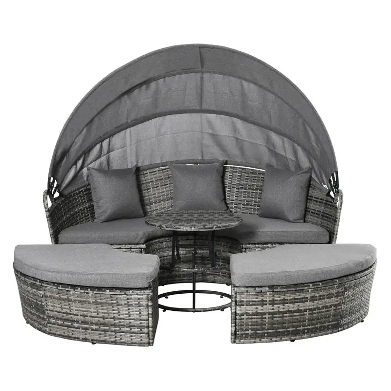 Outsunny 4 Piece Round Rattan Daybed, Convertible Patio Furniture Set, Adjustable Sun Canopy, Sectional Outdoor Sofa, 2 Chairs, Extending Tea Table Ottoman Chair, 3 Pillows, Gray
Outsunny 4 Piece Round Rattan Daybed, Convertible Patio Furniture Set, Adjustable Sun Canopy, Sectional Outdoor Sofa, 2 Chairs, Extending Tea Table Ottoman Chair, 3 Pillows, Gray