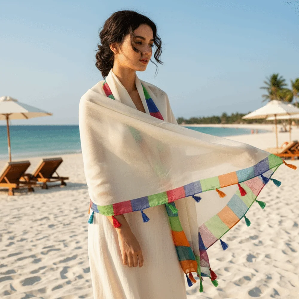 Rainbow-Border Linen Scarf Tasseled Color-Block Summer Shawl Lightweight Breathable Sunscreen Sarong Air-Conditioned House
Rainbow-Border Linen Scarf Tasseled Color-Block Summer Shawl Lightweight Breathable Sunscreen Sarong Air-Conditioned House