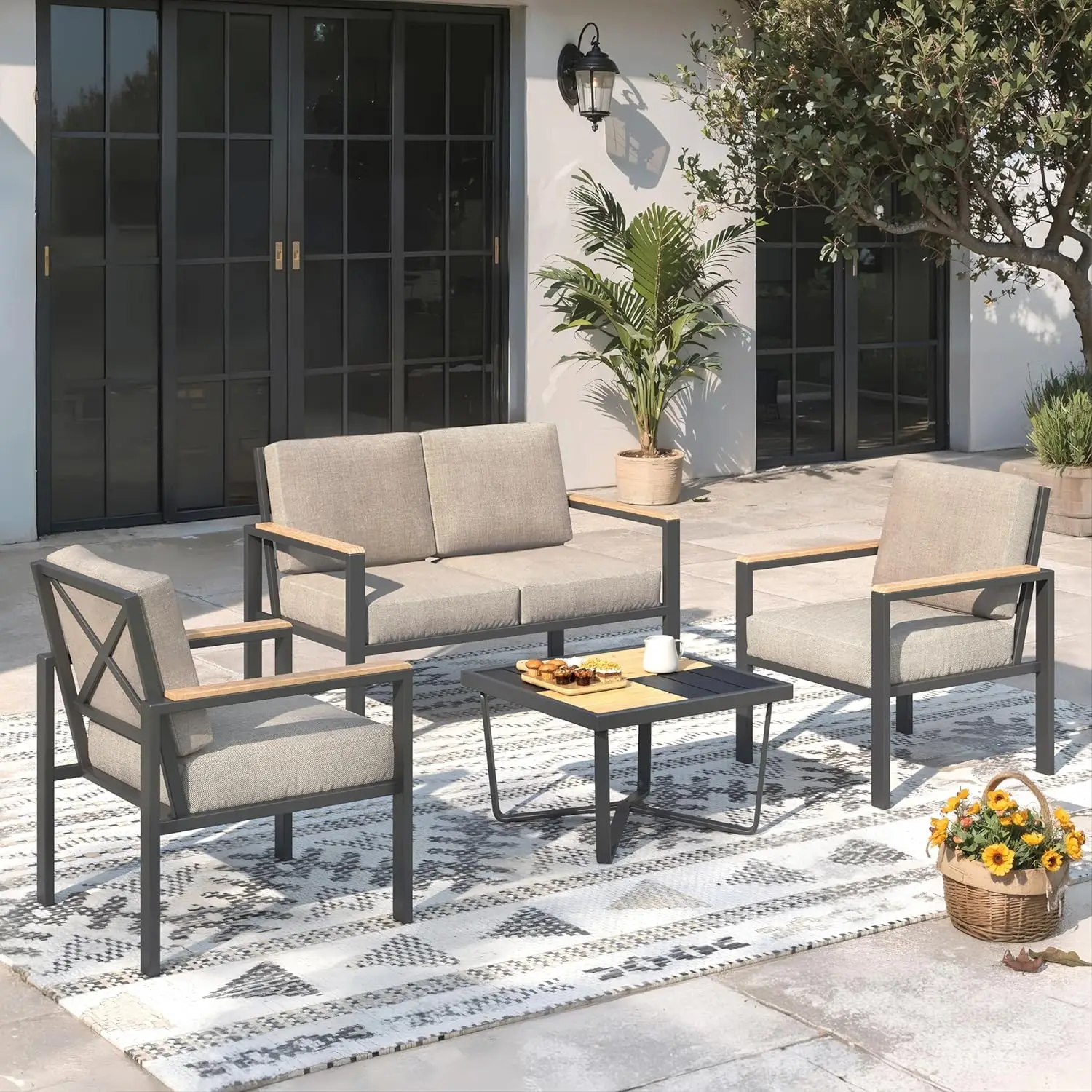 4pc All-Weather Sectional Sofa 4in Cushions 210g Fade-Resistant Fabric Outdoor Set Coffee Table Beige Custom
4pc All-Weather Sectional Sofa 4in Cushions 210g Fade-Resistant Fabric Outdoor Set Coffee Table Beige Custom