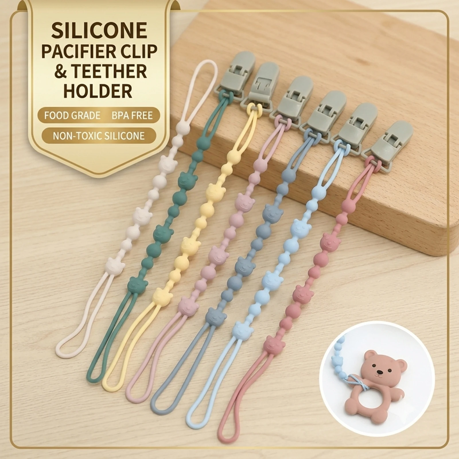 Silicone pacifier chain, a must-have for babies, prevents toy slippage, soft and flexible silicone pacifier clip.
Silicone pacifier chain, a must-have for babies, prevents toy slippage, soft and flexible silicone pacifier clip.